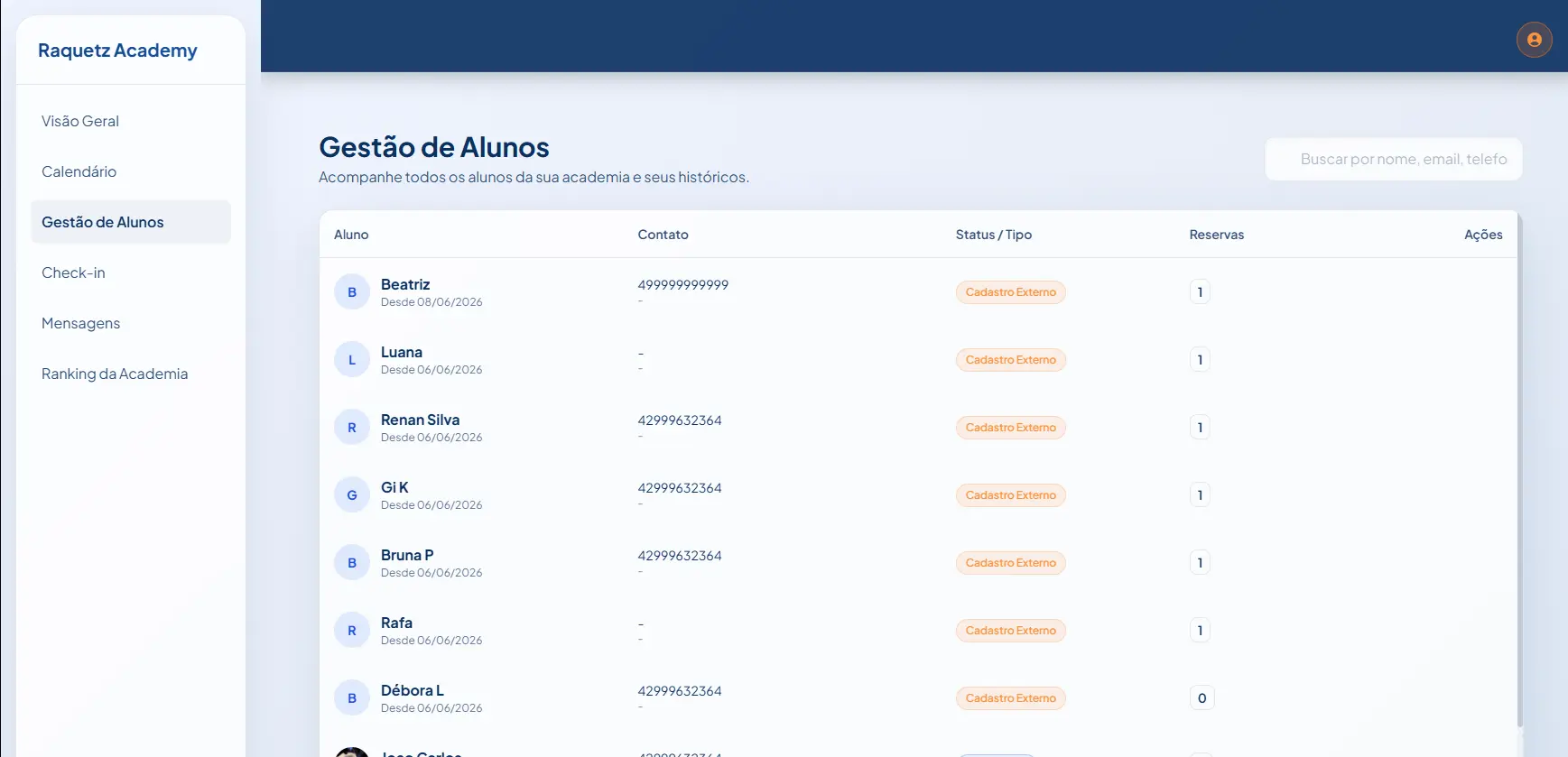 Tela do CRM e gestão de alunos da Raquetz